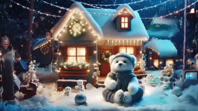 Illustration of a cute white bear in a festive setting on Christmas Eve, creating an adorable and heartwarming scene
