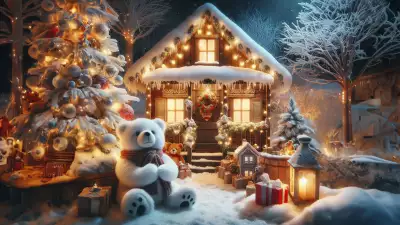 Illustration of a cute white bear next to the house on Christmas Eve, creating an adorable and heartwarming festive scene