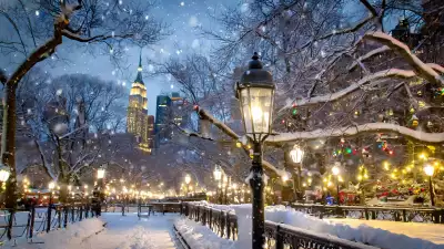 Illustration of New York City skyline adorned with festive lights and decorations on Christmas Day