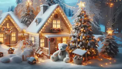 Illustration of a cottage in the forest with a Christmas tree and a seated white polar bear, capturing the serene Christmas night and yuletide bliss
