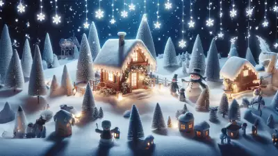 Illustration of a tiny village blanketed in snow during Christmas, capturing the cozy ambiance and festive charm