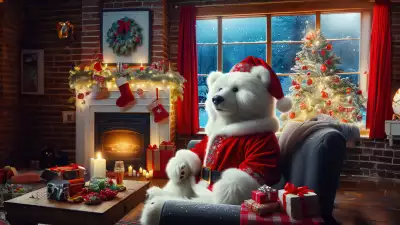 Illustration of Santa Bear relaxing on the couch, surrounded by festive decorations and cozy Christmas vibes