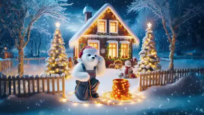 Illustration of a white bear preparing Christmas lights at his forest house in the snow, creating a heartwarming scene of festive preparation