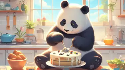 Adorable panda sitting in the kitchen and savoring a delicious cake.