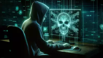 A hooded figure working on a computer with a skull-shaped digital representation on the monitor, symbolizing cybersecurity and hacking.