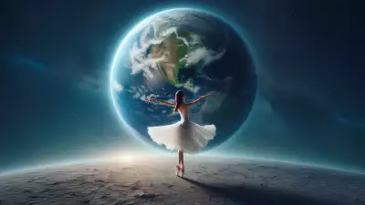 A ballerina dancing on a cosmic stage with the Earth behind her, illuminated by space.