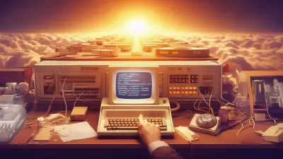 A vintage computer setup with a keyboard and monitor surrounded by classic peripherals, glowing in the soft light of dawn.