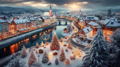 Illustration of a Christmas fair in a small village in December, creating a festive and heartwarming scene