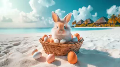 Easter Bunny with Eggs on the Beach Wallpaper