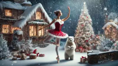 Enchanted Winter Haven Wallpaper - Idyllic Winter Scene with Snow-covered House, Ballerina, Polar White Bear, and Christmas Tree with Gifts for Animals