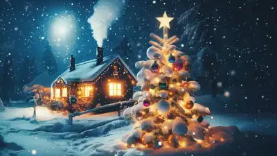 Illustration of a charming cottage in the forest with a decorated Christmas tree, capturing the enchantment of Christmas Eve