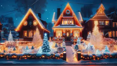 Illustration of three houses beautifully decorated for Christmas and New Year, creating a picturesque display of holiday cheer and winter wonderland
