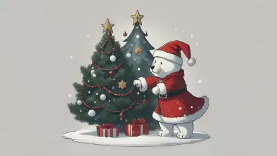 An adorable bear joyfully decorating a Christmas tree with holiday ornaments