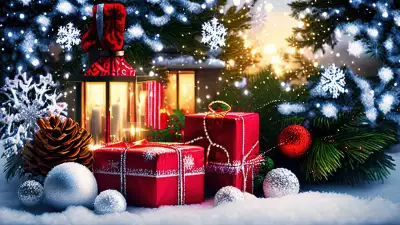 Illustration of beautifully wrapped Christmas packages surrounded by glowing lanterns, creating a festive and illuminated scene at night