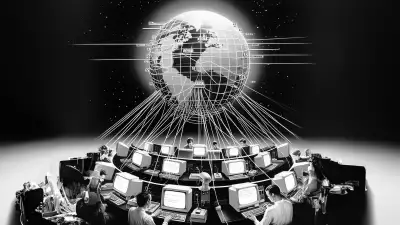 A monochrome artistic depiction of vintage computers connected to a glowing globe, representing the dawn of the internet era.