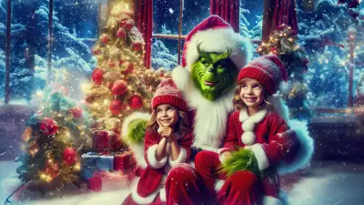 The Grinch sharing a heartwarming embrace with kids, spreading joy during the holiday season
