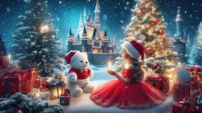 Little girl and bear celebrating Christmas Day, capturing the joy and magic of the festive season