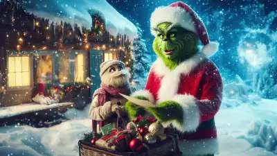 Illustration of the Grinch reading a letter from Santa Claus, capturing the essence of magical correspondence and heartwarming moments