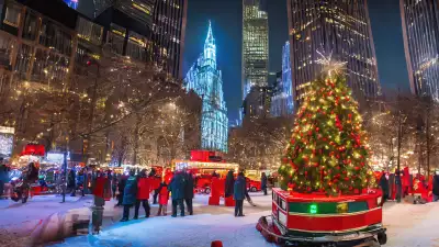Illustration of a big city skyline illuminated with Christmas lights, showcasing the vibrant energy of urban celebration on Christmas night with a multitude of people joyfully celebrating