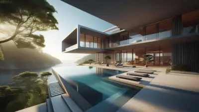 A contemporary luxury villa with an infinity pool on a cliffside, overlooking the ocean.