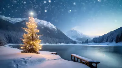 Illustration of a mountain idyll with a big Christmas tree, surrounded by snowy peaks and a tranquil celebration, creating a serene and heartwarming scene