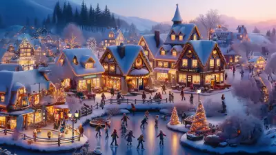 Illustration of a small mountain village adorned with Christmas decorations, creating a festive and heartwarming winter scene