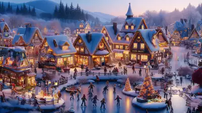 Illustration of a small mountain village with a small frozen lake, where children skate and spend Christmas time, creating a cozy and heartwarming winter scene
