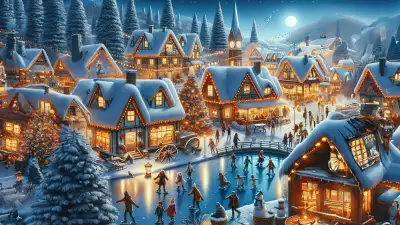 Illustration of a small mountain village with children ice skating on a frozen lake and houses decorated with Christmas lights, creating a whimsical and heartwarming winter scene
