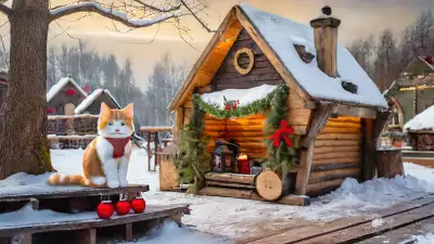 Illustration of a curious cat exploring a snow-covered backyard on Christmas day, surrounded by festive decorations and presents