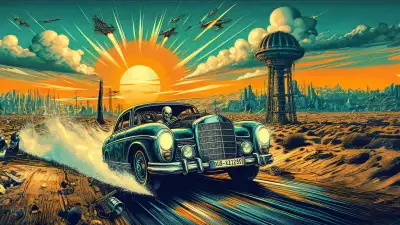 Vintage Car with Skull Driver on Dystopian Road with Futuristic Aircrafts