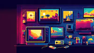 A colorful neon-lit display of vintage gaming consoles, pixel art, and retro-themed screens.