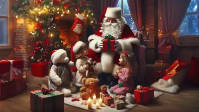 Illustration of Santa Claus joyfully giving gifts to excited children, capturing the festive cheer and generosity of the holiday season
