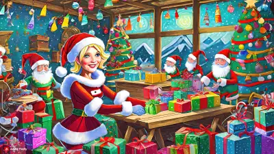 Santa's helper: Santa girl packaging gifts for the kids in a festive holiday scene