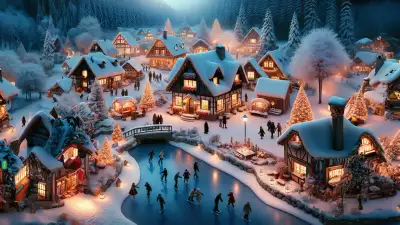 Small Village in the Hills with Kids Ice Skating Wallpaper - Children joyfully ice skating on a frozen pond in a picturesque winter village