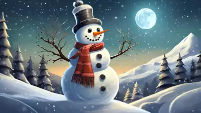 A majestic snowman standing tall in a frosty winter landscape, bringing seasonal joy