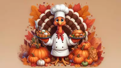 Thanksgiving Turkey Chef surrounded by pumpkins, fall leaves, and festive autumn decorations.