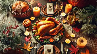 Beautifully arranged Thanksgiving dinner table with a golden turkey, candles, and festive autumn decorations.