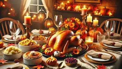 Beautiful Thanksgiving dinner table with a roasted turkey, candles, and festive autumn decorations.