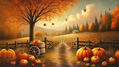 Serene autumn farm with pumpkins, golden fields, and vibrant falling leaves under a golden sky.