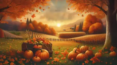 Serene autumn farm with pumpkins, rolling fields, and a glowing sunset.