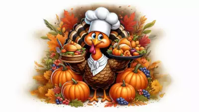 Cheerful turkey chef holding Thanksgiving dishes surrounded by pumpkins and autumn leaves.