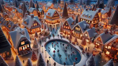 Illustration of a charming town by a frozen lake, with children skating under evening lights and festive illumination, creating a magical Christmas atmosphere