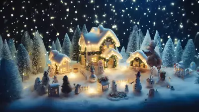 A fantasy village covered in snow with a cheerful snowman and festive Christmas decorations