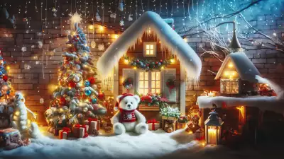 Illustration of a white bear sitting in front of his mountain house in the snow, looking at his fully decorated Christmas tree with colored lights, creating a charming and heartwarming festive scene