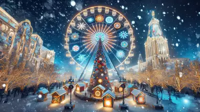 Illustration of a Christmas fair with a big wheel, surrounded by festive decorations and cheerful visitors, creating a whimsical and heartwarming scene