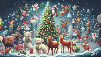 Wild animals on Christmas day gathered around a big Christmas tree in a festive celebration
