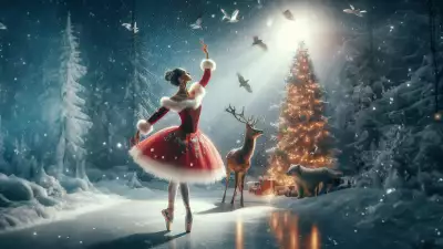 Winter ballet: Ballerina dance with deer under the Christmas night sky