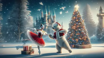 A ballet woman and a white bear dancing gracefully in the snowfall, creating a whimsical winter scene