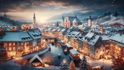 Winter Cityscape with Frozen River Wallpaper - A serene urban landscape covered in snow with a frozen river