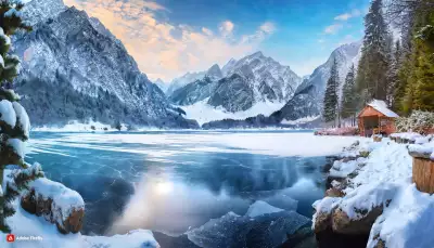 Winter Lake in the Hills Wallpaper - A tranquil scene with a frozen lake surrounded by snow-covered hills